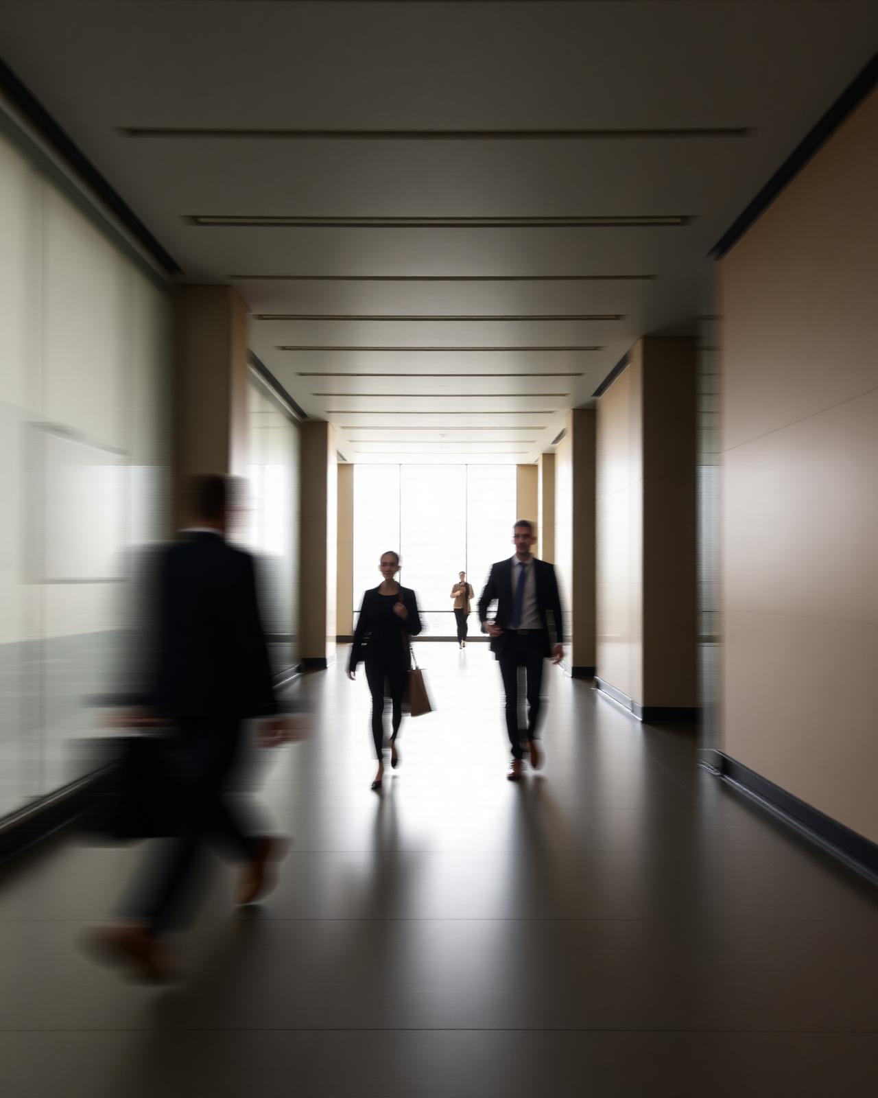 Long-exposure figures moving through a modern corridor, evoking progression and flow