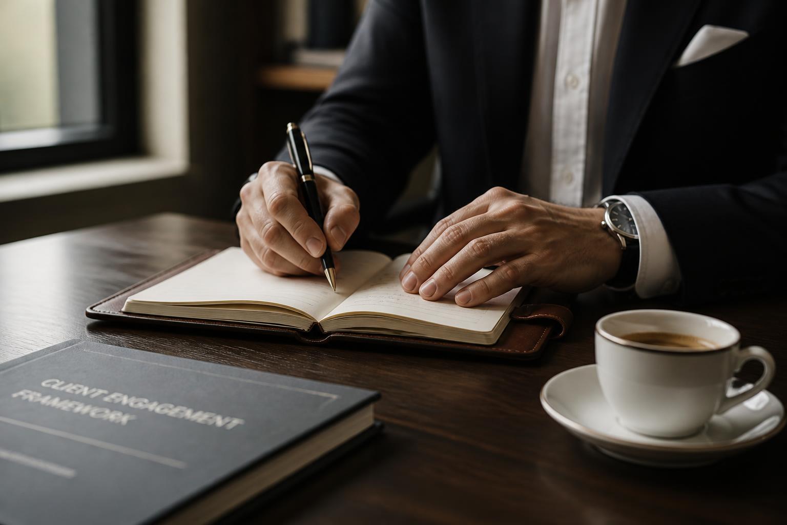 An executive working through a client engagement framework at a dark walnut desk