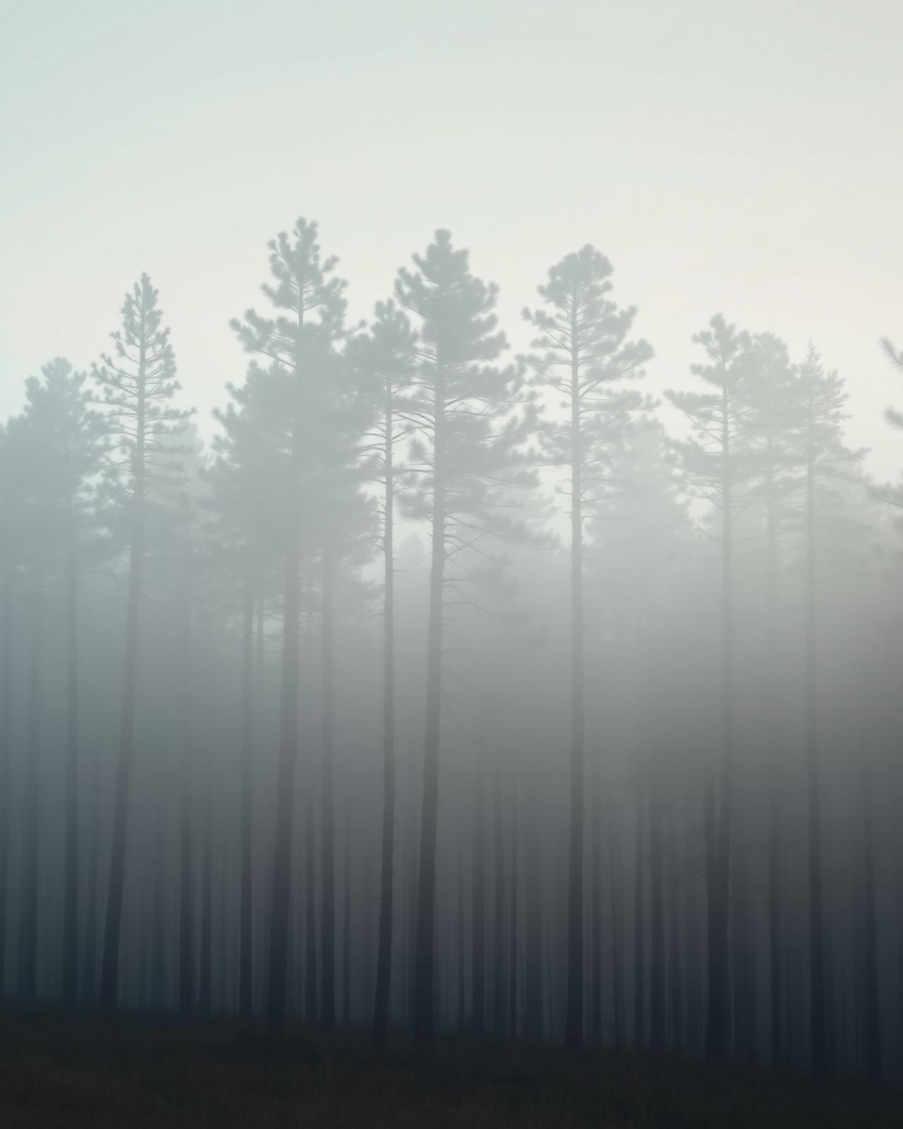Misty pine forest at dawn, calm and contemplative